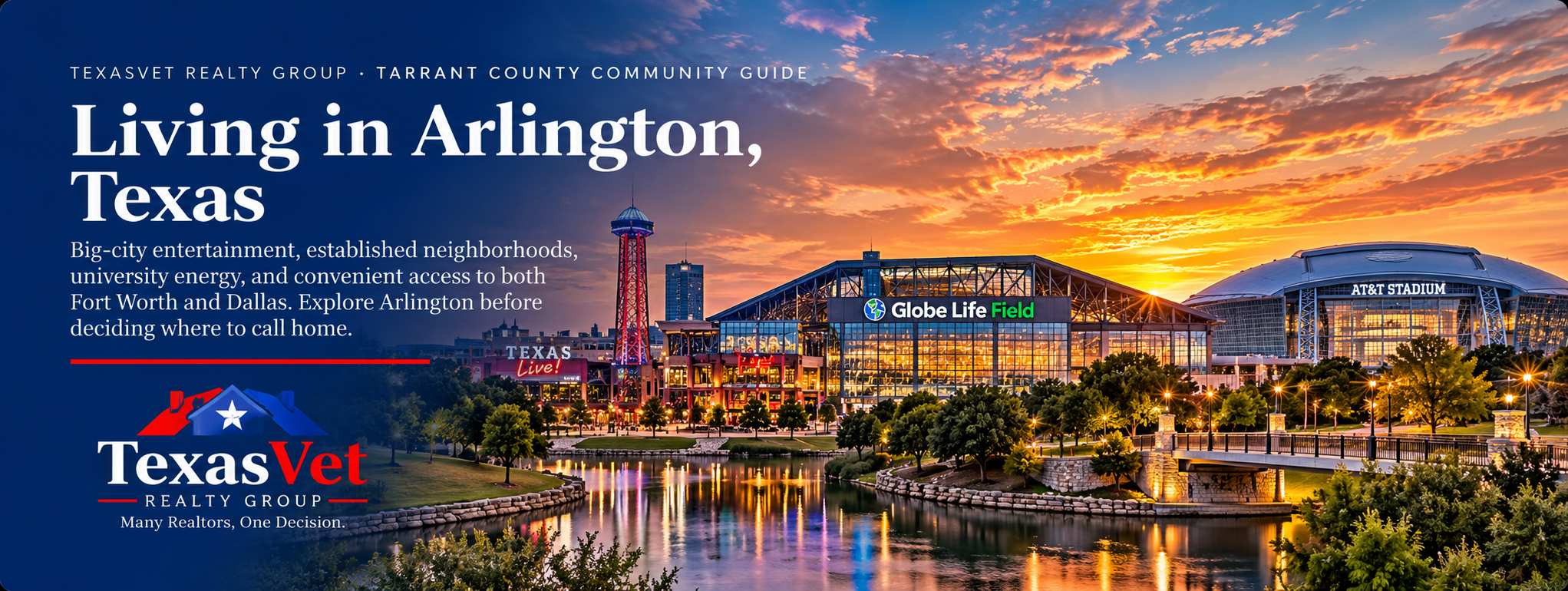 Living in Arlington, Texas — TexasVet Realty Group community guide featuring an artistic twilight view of Arlington entertainment landmarks.