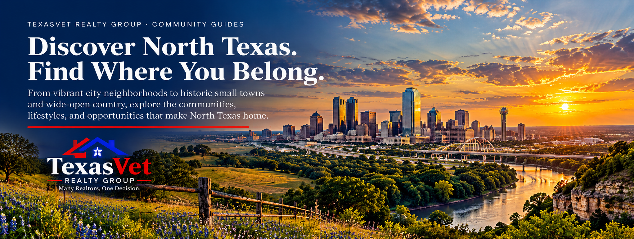 Discover North Texas. Find Where You Belong. TexasVet Realty Group community guides, artistic countryside-to-DFW panorama.