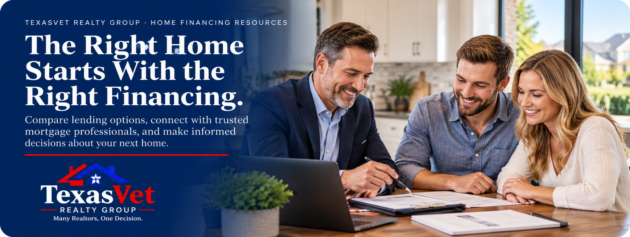 The Right Home Starts With the Right Financing — TexasVet Realty Group mortgage lender resources, showing a couple meeting with a mortgage advisor.
