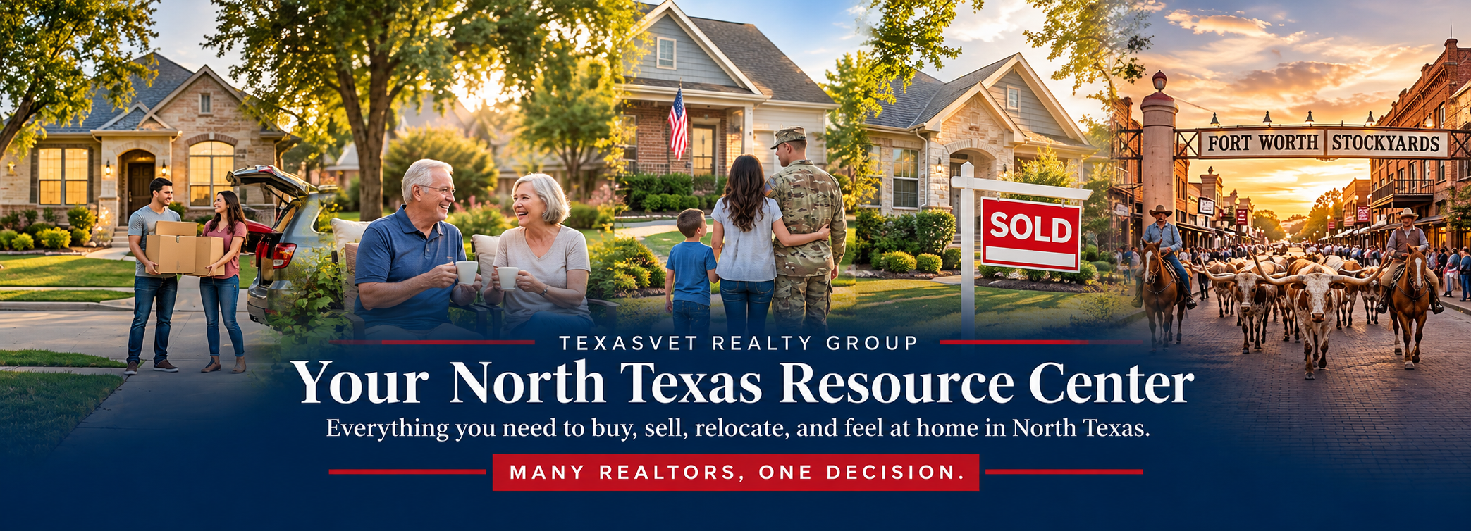 TexasVet Realty Group North Texas Resource Center: first-time homebuyers, seniors, military relocation, home selling, and Fort Worth Stockyards Longhorn cattle drive